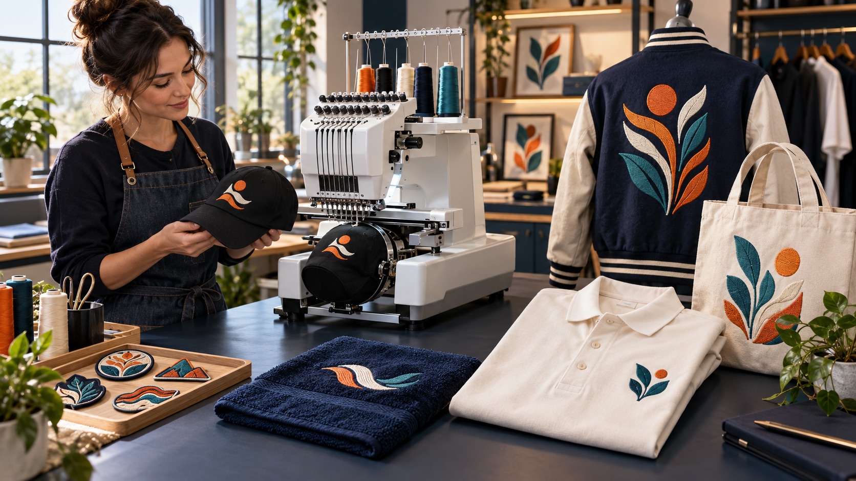 Small embroidery studio producing a cap, jacket, polo, tote bag, towel and custom patches on a compact single-head machine