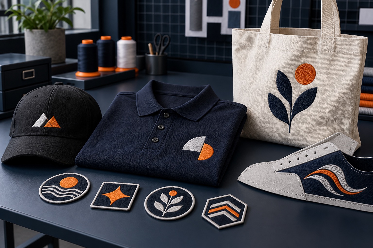 Embroidered cap, polo shirt, tote bag, shoe panel and patches